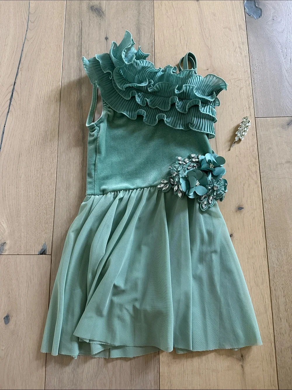 Weissman Mint Green One-Shoulder Ruffle & Floral Appliqué Dress